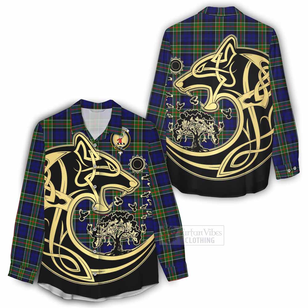 Tartan Vibes Clothing Colquhoun Tartan Women's Casual Shirt with Family Crest Celtic Wolf Style