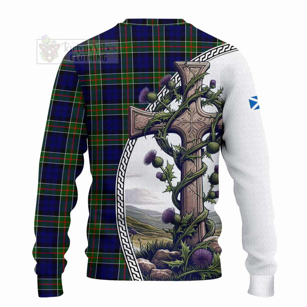 Tartan Vibes Clothing Colquhoun Tartan Knitted Sweater with Family Crest and St. Andrew's Cross Accented by Thistle Vines