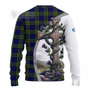 Colquhoun Tartan Knitted Sweater with Family Crest and St. Andrew's Cross Accented by Thistle Vines