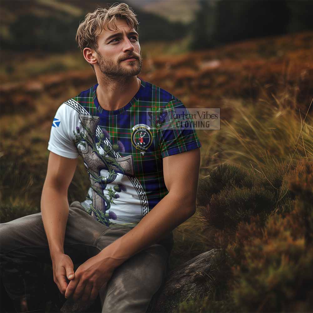 Tartan Vibes Clothing Colquhoun Agnew Tartan T-Shirt with Family Crest and St. Andrew's Cross Accented by Thistle Vines