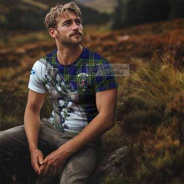 Colquhoun Tartan T-Shirt with Family Crest and St. Andrew's Cross Accented by Thistle Vines