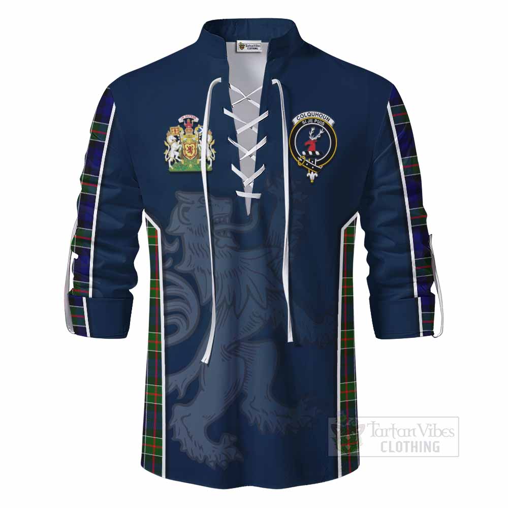 Tartan Vibes Clothing Colquhoun Tartan Ghillie Kilt Shirt with Family Crest and Lion Rampant Vibes Sport Style