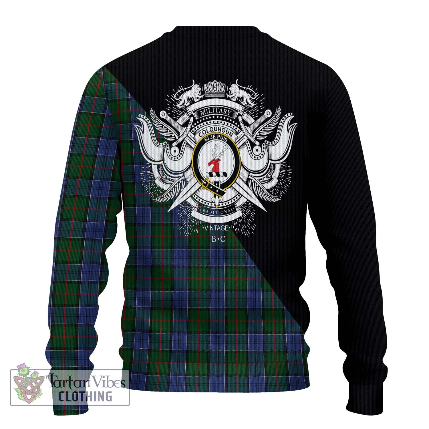 Tartan Vibes Clothing Colquhoun Tartan Knitted Sweater with Family Crest and Military Logo Style