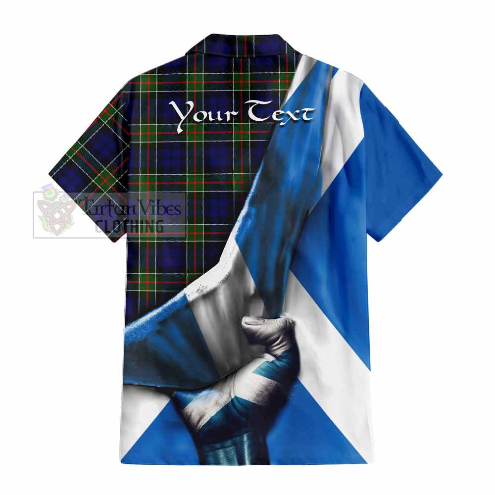 Tartan Vibes Clothing Colquhoun Tartan Short Sleeve Button Shirt with Family Crest Scotland Patriotic Style