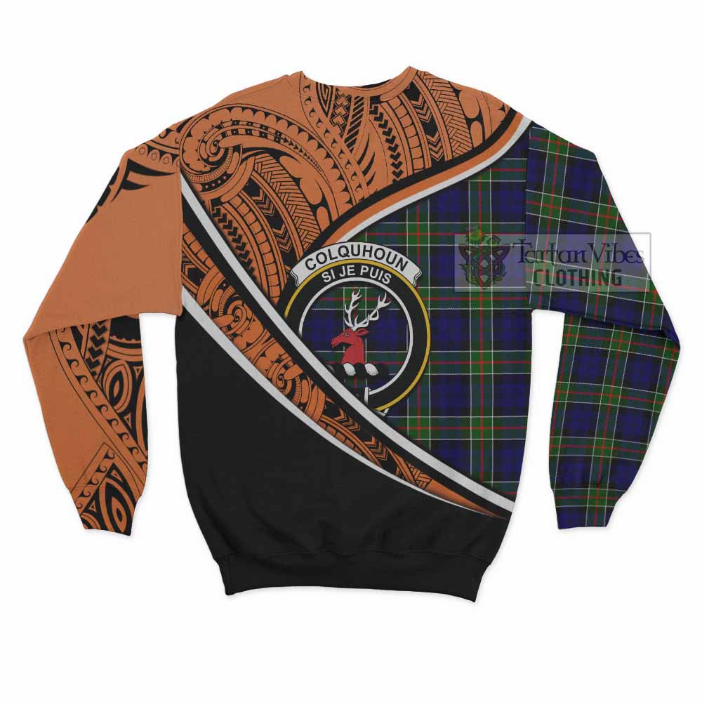 Tartan Vibes Clothing Colquhoun Crest Tartan Sweatshirt with Maori Tattoo Style - Orange Version