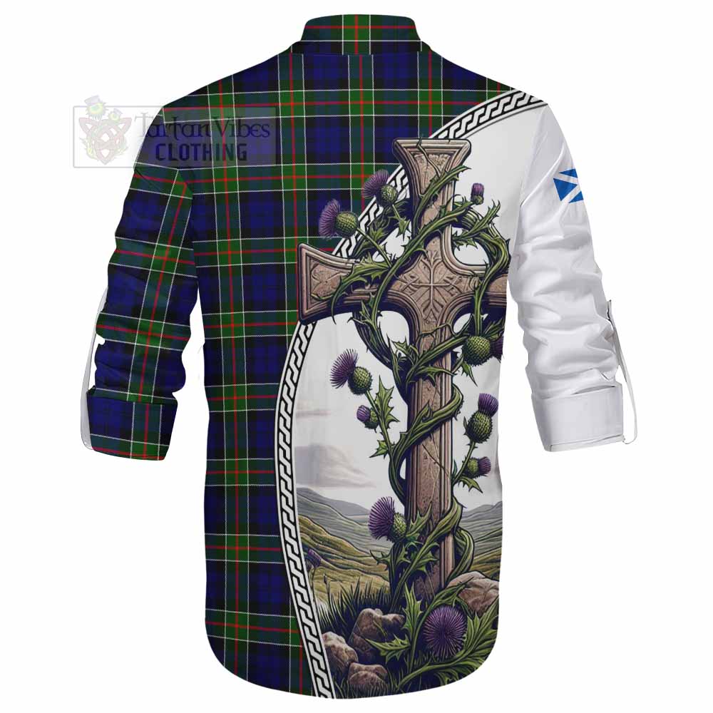 Tartan Vibes Clothing Colquhoun Tartan Ghillie Kilt Shirt with Family Crest and St. Andrew's Cross Accented by Thistle Vines