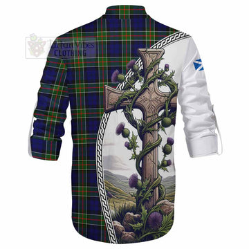 Colquhoun Tartan Ghillie Kilt Shirt with Family Crest and St. Andrew's Cross Accented by Thistle Vines