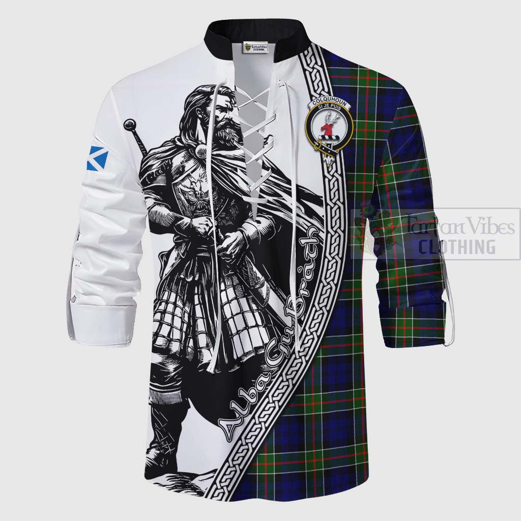 Tartan Vibes Clothing Colquhoun Tartan Clan Crest Ghillie Kilt Shirt with Highlander Warrior Celtic Style