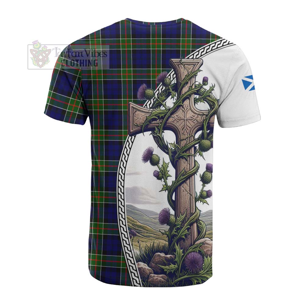 Tartan Vibes Clothing Colquhoun Tartan Cotton T-shirt with Family Crest and St. Andrew's Cross Accented by Thistle Vines