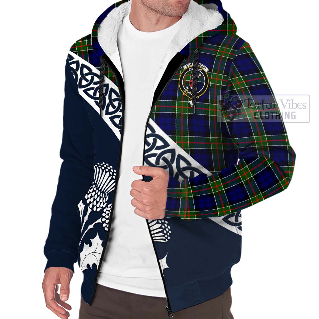 Tartan Vibes Clothing Colquhoun Tartan Sherpa Hoodie Featuring Thistle and Scotland Map