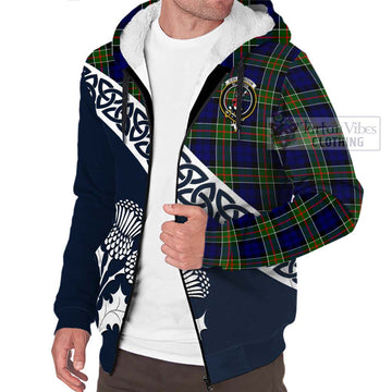 Colquhoun Tartan Sherpa Hoodie Featuring Thistle and Scotland Map