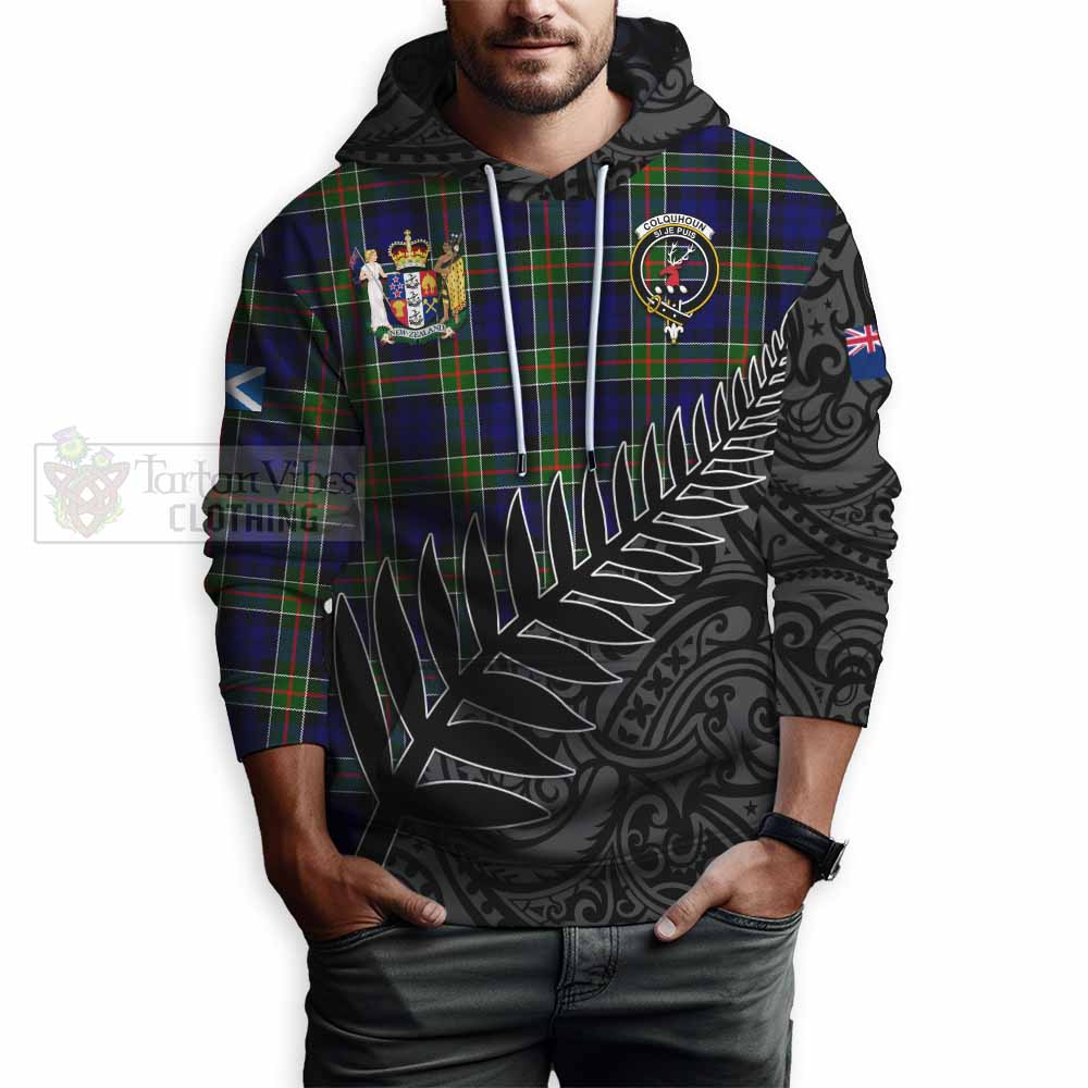 Tartan Vibes Clothing Colquhoun Crest Tartan Hoodie with New Zealand Silver Fern Half Style