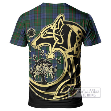 Colquhoun Tartan T-Shirt with Family Crest Celtic Wolf Style