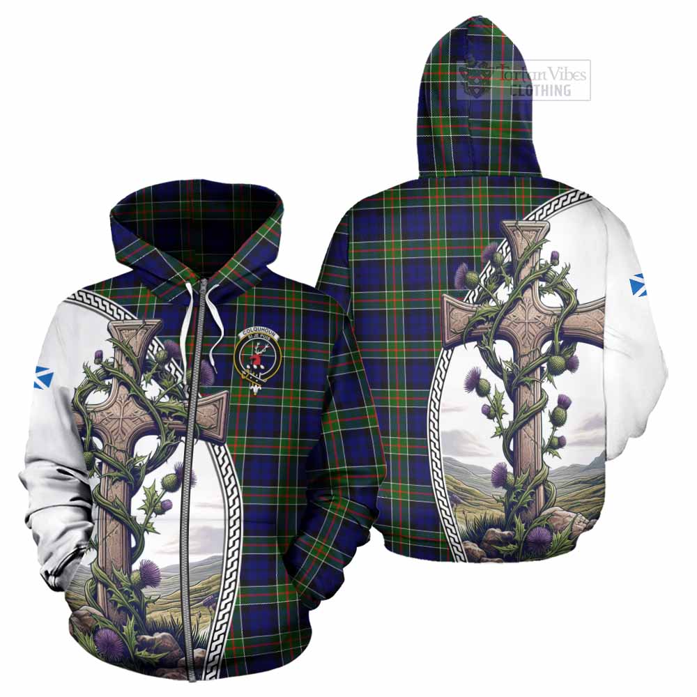 Tartan Vibes Clothing Colquhoun Tartan Hoodie with Family Crest and St. Andrew's Cross Accented by Thistle Vines