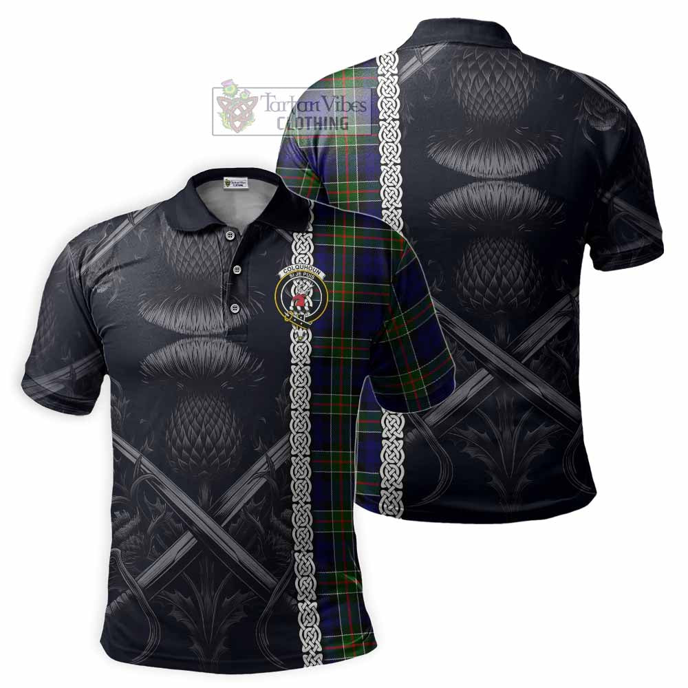 Tartan Vibes Clothing Colquhoun Tartan Polo Shirt with Family Crest Cross Sword Thistle Celtic Vibes