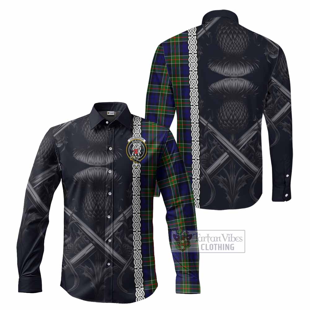 Tartan Vibes Clothing Colquhoun Tartan Long Sleeve Button Shirt with Family Crest Cross Sword Thistle Celtic Vibes