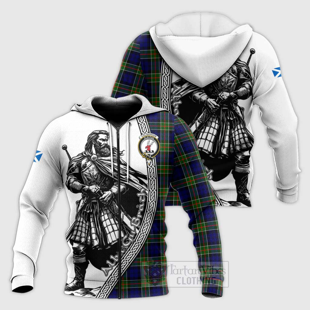 Tartan Vibes Clothing Colquhoun Tartan Clan Crest Knitted Hoodie with Highlander Warrior Celtic Style