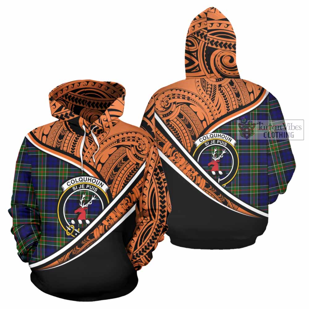 Tartan Vibes Clothing Colquhoun Crest Tartan Hoodie with Maori Tattoo Style - Orange Version