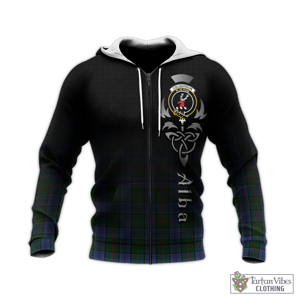 Tartan Vibes Clothing Colquhoun Tartan Knitted Hoodie Featuring Alba Gu Brath Family Crest Celtic Inspired