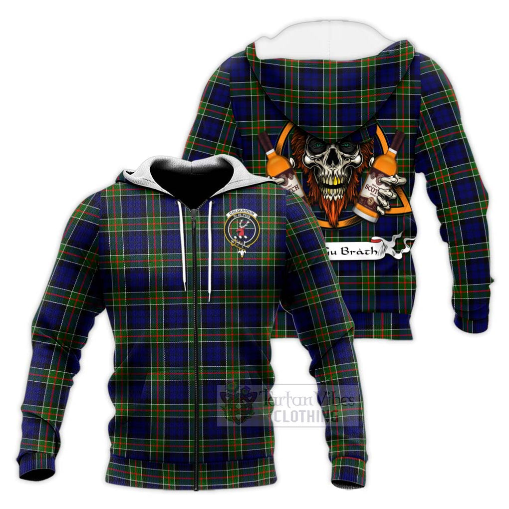 Tartan Vibes Clothing Colquhoun Tartan Knitted Hoodie with Family Crest and Bearded Skull Holding Bottles of Whiskey