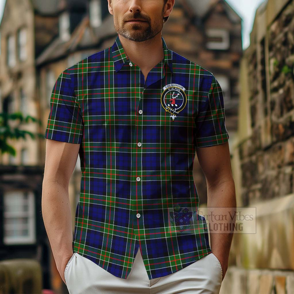 Tartan Vibes Clothing Colquhoun Tartan Short Sleeve Button Shirt with Family Crest Celtic Skull Style