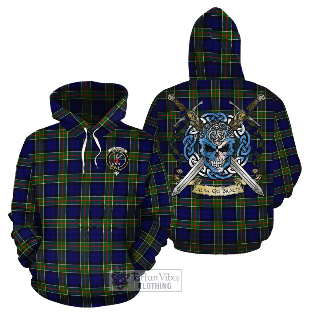 Tartan Vibes Clothing Colquhoun Tartan Cotton Hoodie with Family Crest Celtic Skull Style