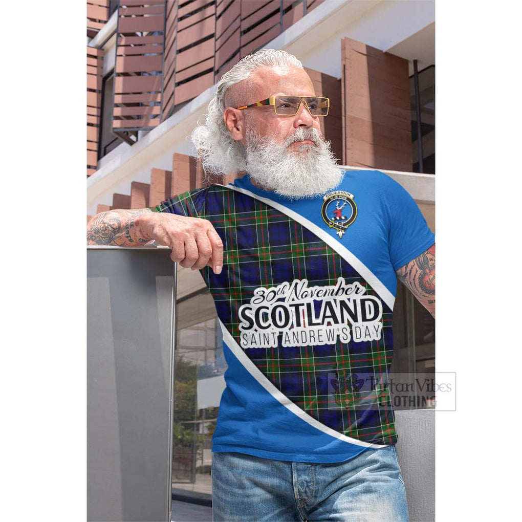 Tartan Vibes Clothing Colquhoun Family Crest Tartan Cotton T-shirt Celebrate Saint Andrew's Day in Style