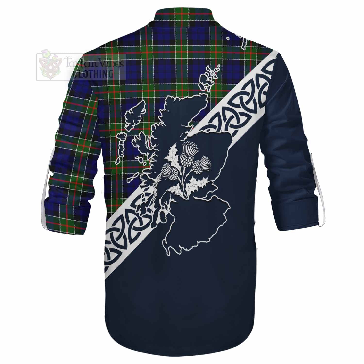 Tartan Vibes Clothing Colquhoun Tartan Ghillie Kilt Shirt Featuring Thistle and Scotland Map