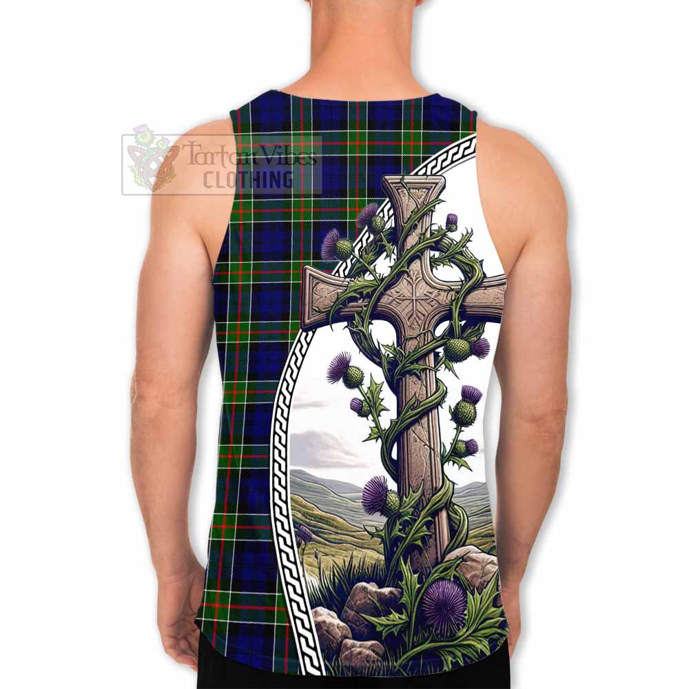 Tartan Vibes Clothing Colquhoun Tartan Men's Tank Top with Family Crest and St. Andrew's Cross Accented by Thistle Vines