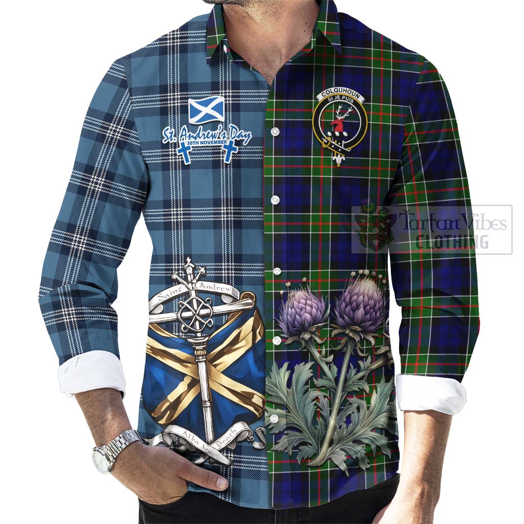 Tartan Vibes Clothing Colquhoun Tartan Long Sleeve Button Shirt Happy St. Andrew's Day Half Tartan Style