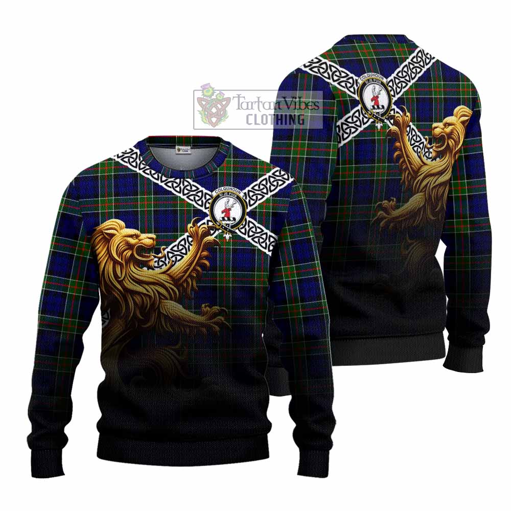 Colquhoun Crest Tartan Knitted Sweater with Golden Lion Emblem Celtic Style - Tartan Vibes Clothing