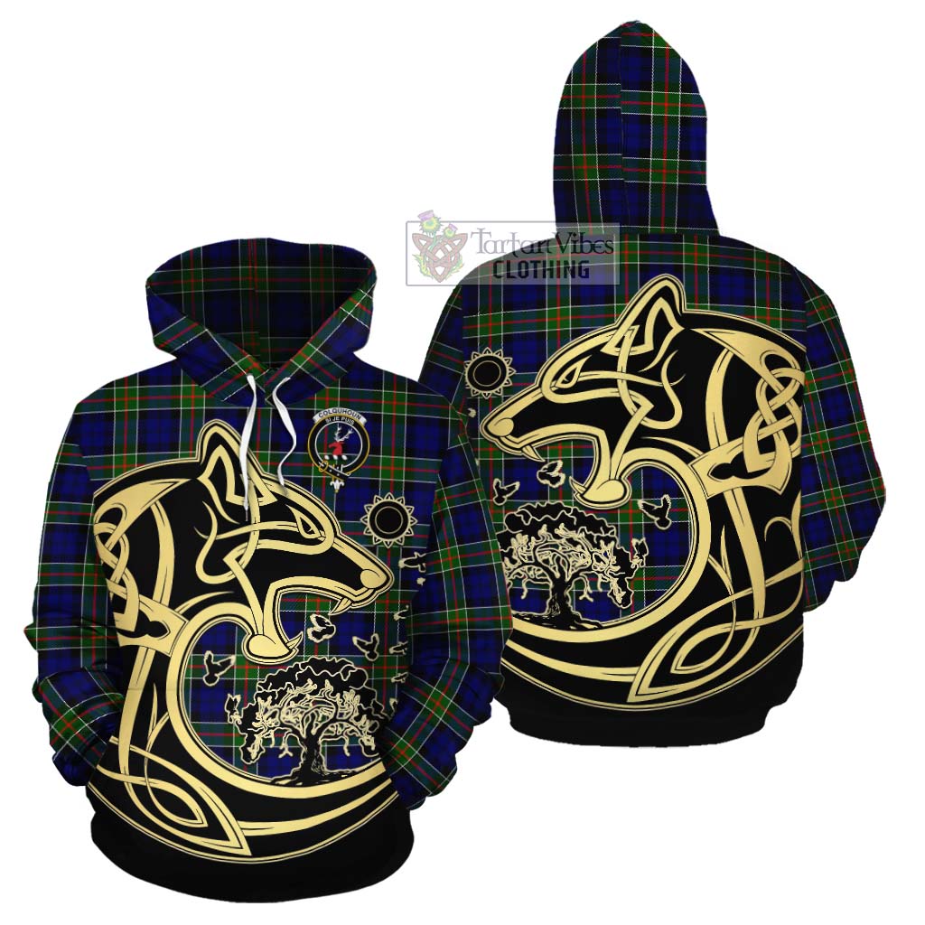 Tartan Vibes Clothing Colquhoun Tartan Cotton Hoodie with Family Crest Celtic Wolf Style