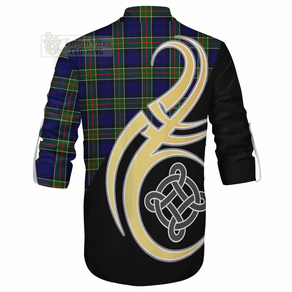 Tartan Vibes Clothing Colquhoun Tartan Ghillie Kilt Shirt with Family Crest and Celtic Symbol Style