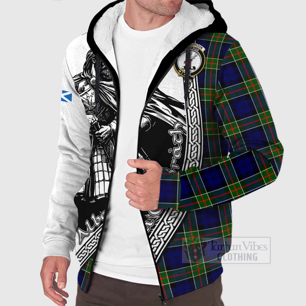 Tartan Vibes Clothing Colquhoun Tartan Clan Crest Sherpa Hoodie with Highlander Warrior Celtic Style