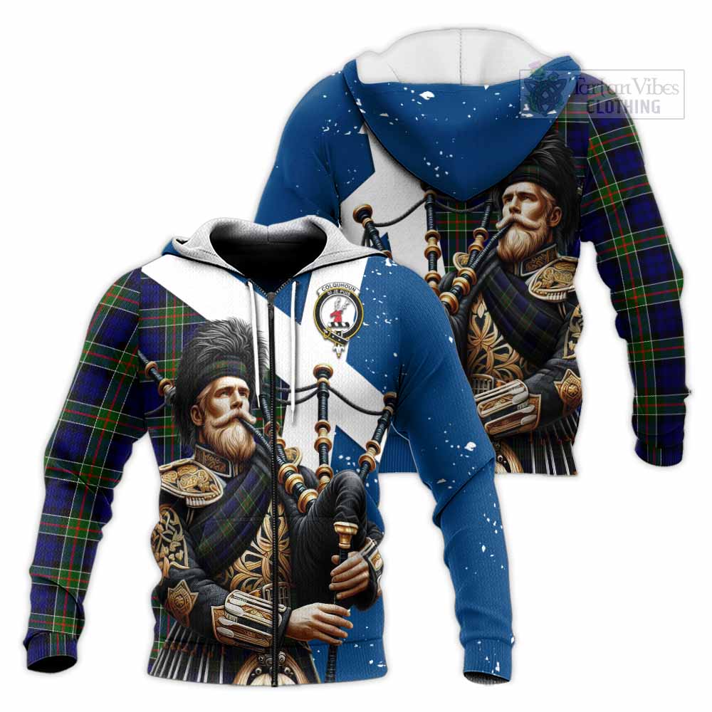 Tartan Vibes Clothing Colquhoun Tartan Knitted Hoodie with Family Crest Scottish Bagpiper Vibes