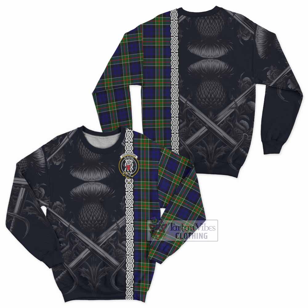 Tartan Vibes Clothing Colquhoun Tartan Sweatshirt with Family Crest Cross Sword Thistle Celtic Vibes