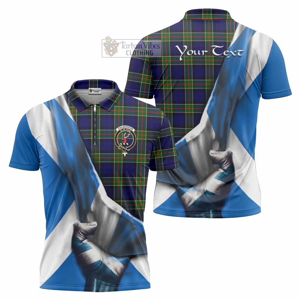 Tartan Vibes Clothing Colquhoun Tartan Zipper Polo Shirt with Family Crest Scotland Patriotic Style