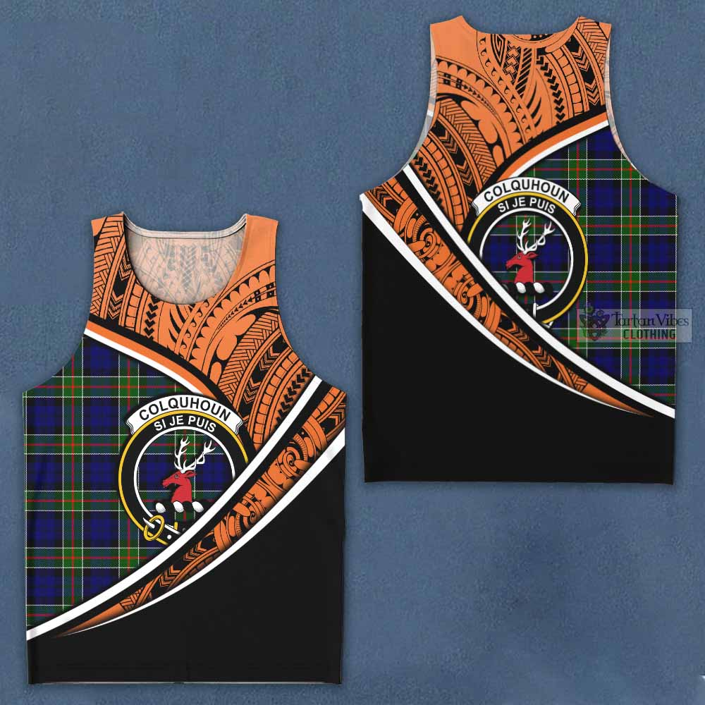 Tartan Vibes Clothing Colquhoun Crest Tartan Men's Tank Top with Maori Tattoo Style - Orange Version