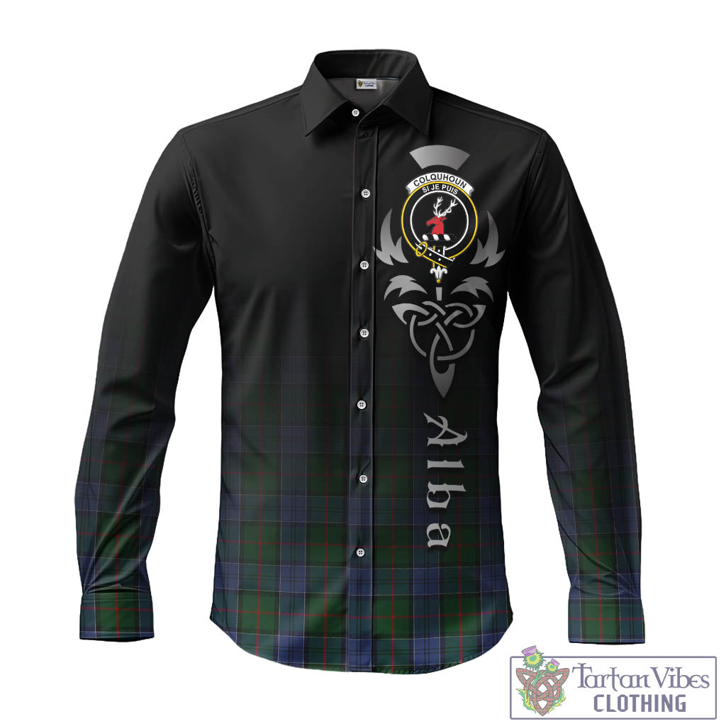 Tartan Vibes Clothing Colquhoun Tartan Long Sleeve Button Up Featuring Alba Gu Brath Family Crest Celtic Inspired