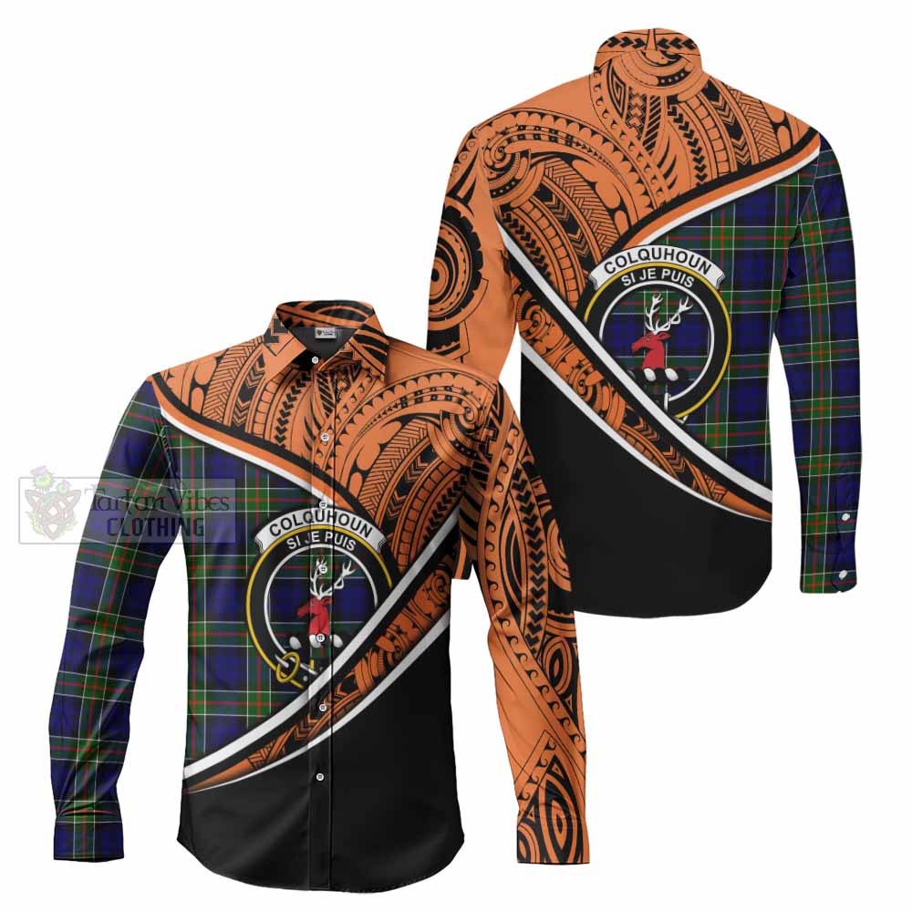 Tartan Vibes Clothing Colquhoun Crest Tartan Long Sleeve Button Shirt with Maori Tattoo Style - Orange Version