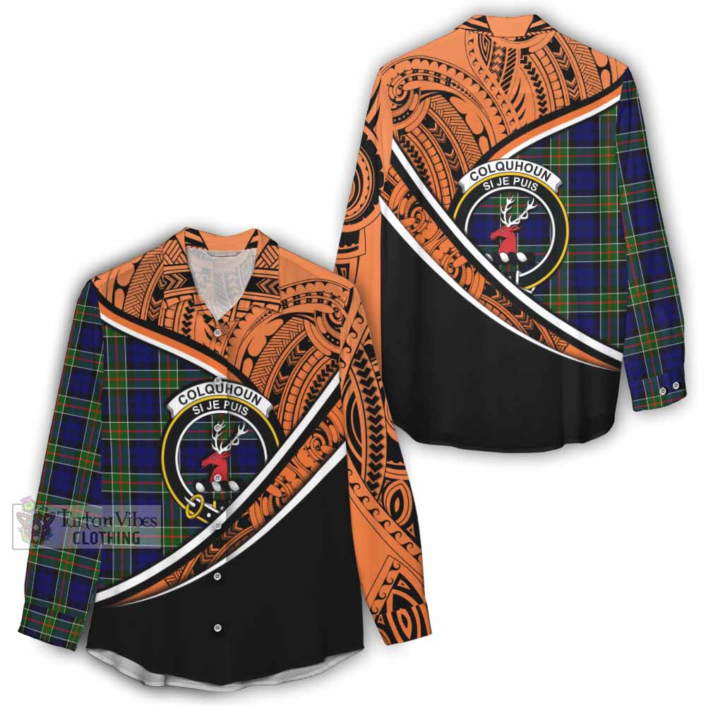 Tartan Vibes Clothing Colquhoun Crest Tartan Women's Casual Shirt with Maori Tattoo Style - Orange Version