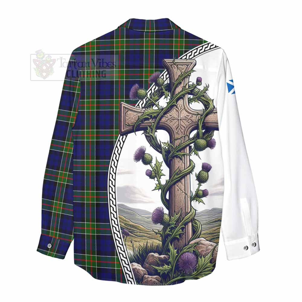 Tartan Vibes Clothing Colquhoun Tartan Women's Casual Shirt with Family Crest and St. Andrew's Cross Accented by Thistle Vines