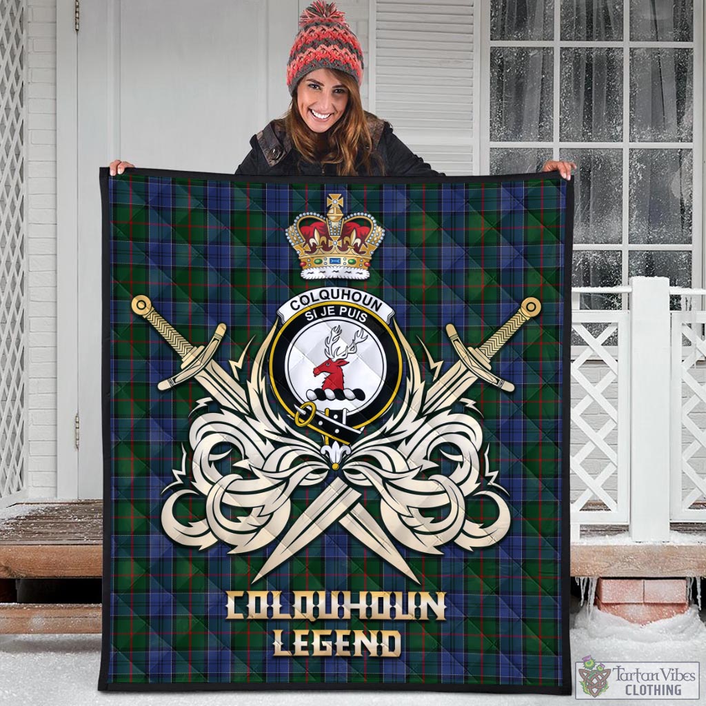 Tartan Vibes Clothing Colquhoun Tartan Quilt with Clan Crest and the Golden Sword of Courageous Legacy