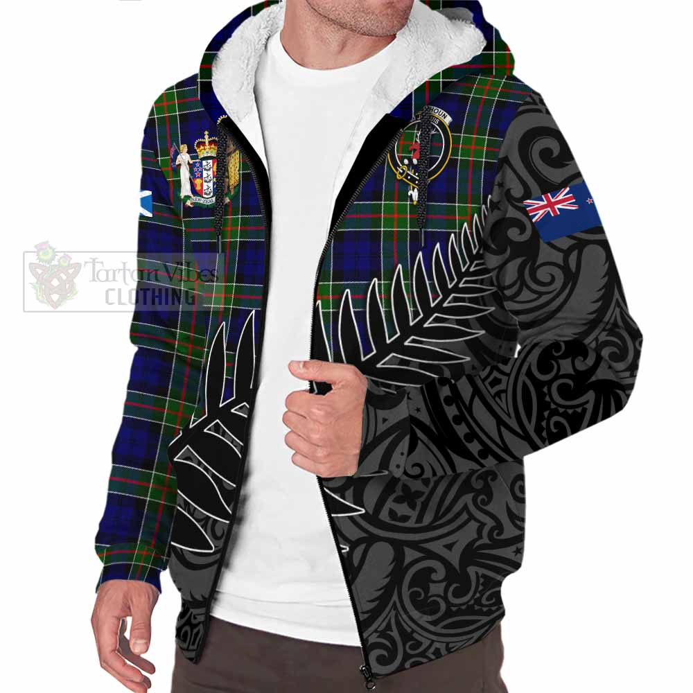 Tartan Vibes Clothing Colquhoun Crest Tartan Sherpa Hoodie with New Zealand Silver Fern Half Style