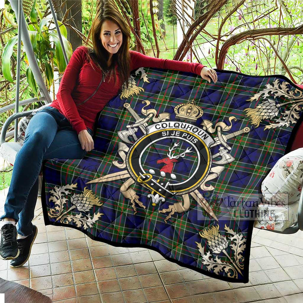 Tartan Vibes Clothing Colquhoun Tartan Quilt with Family Crest and Scottish Golden Courage Shield