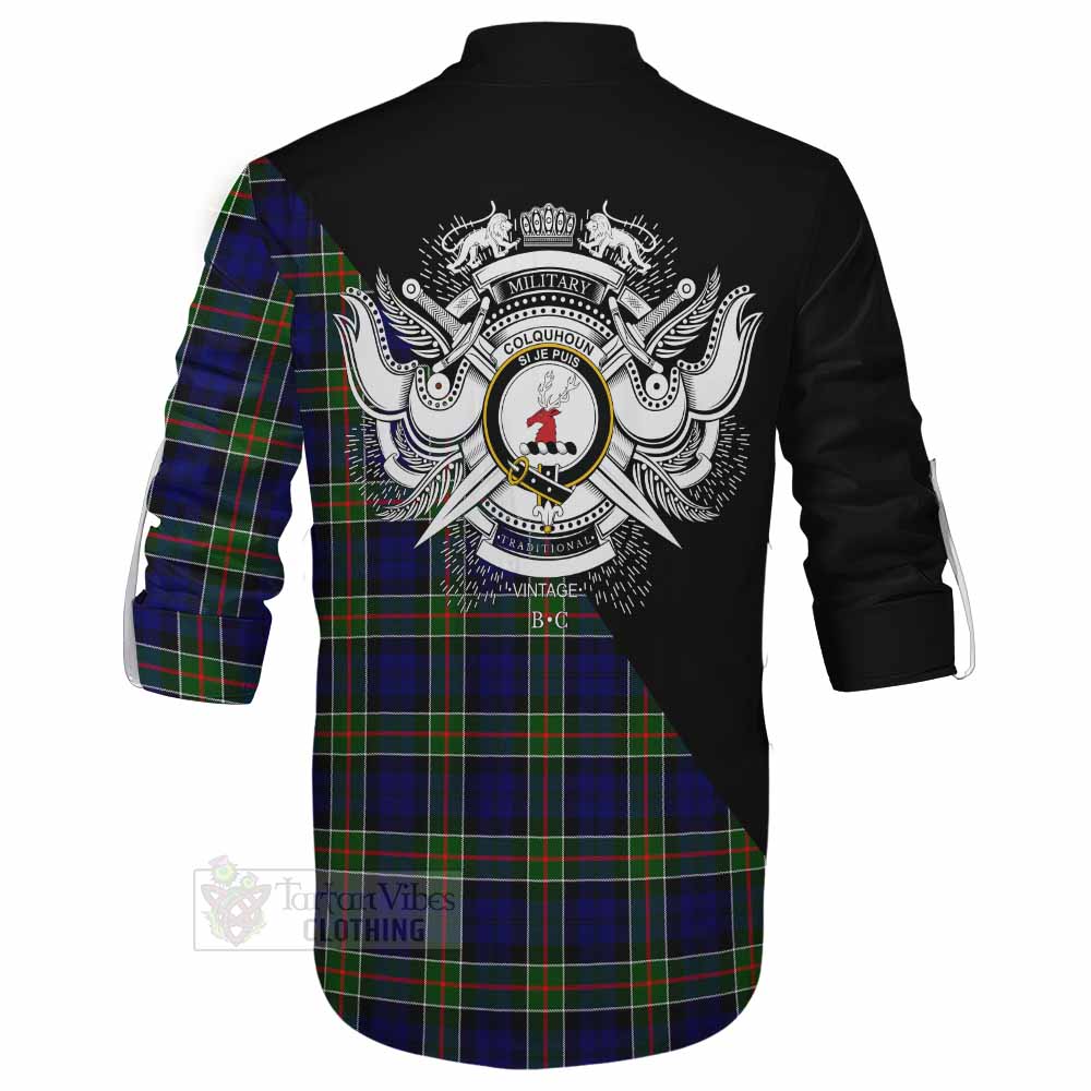 Tartan Vibes Clothing Colquhoun Tartan Ghillie Kilt Shirt with Family Crest and Military Logo Style