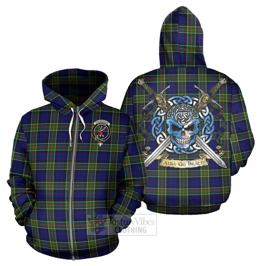 Tartan Vibes Clothing Colquhoun Tartan Hoodie with Family Crest Celtic Skull Style