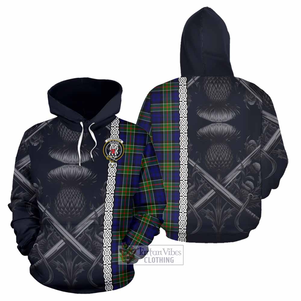 Tartan Vibes Clothing Colquhoun Tartan Hoodie with Family Crest Cross Sword Thistle Celtic Vibes