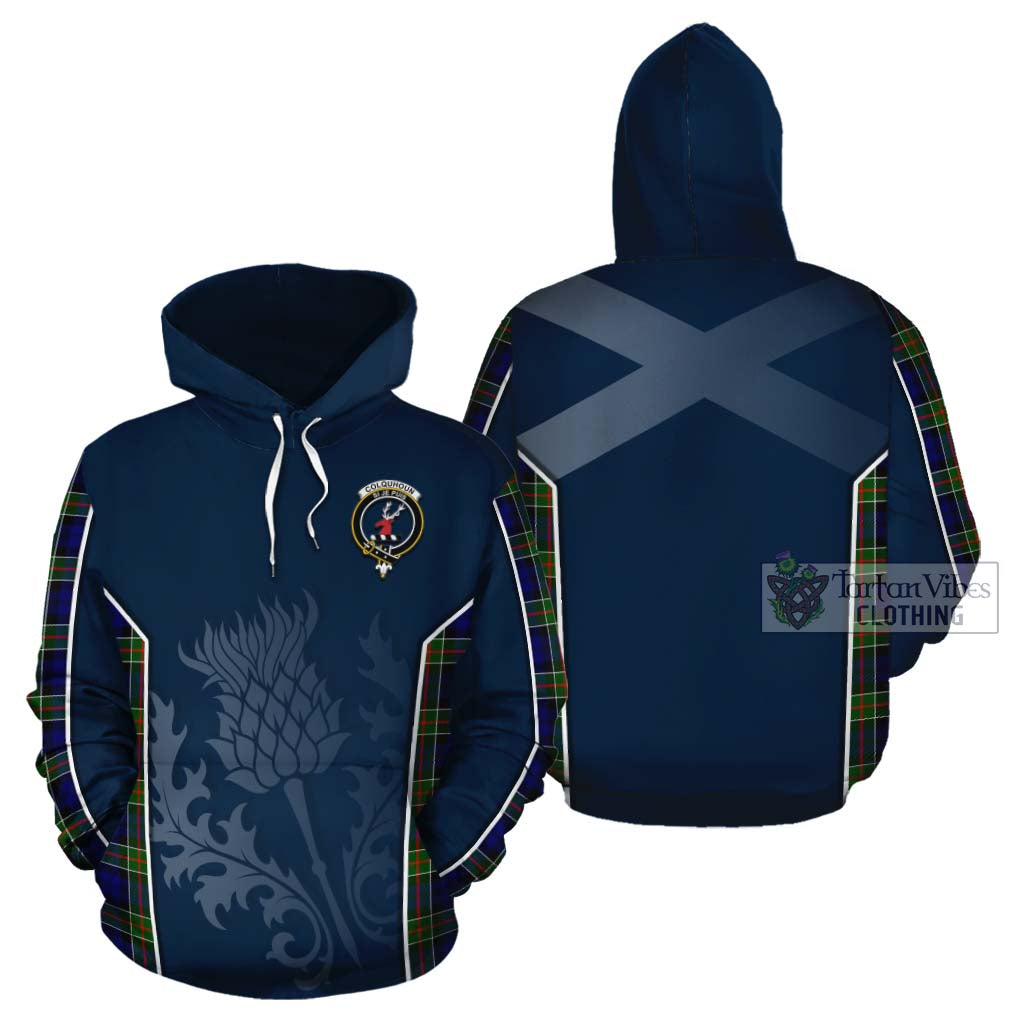 Tartan Vibes Clothing Colquhoun Tartan Cotton Hoodie with Family Crest and Scottish Thistle Vibes Sport Style