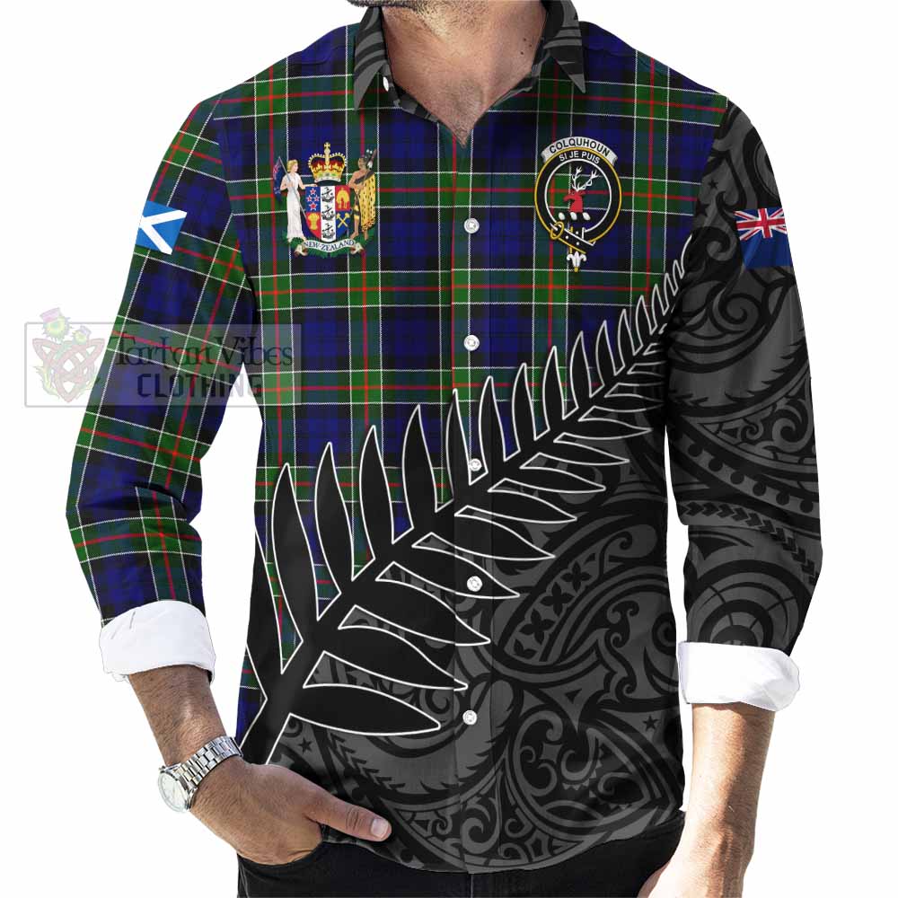 Tartan Vibes Clothing Colquhoun Crest Tartan Long Sleeve Button Shirt with New Zealand Silver Fern Half Style